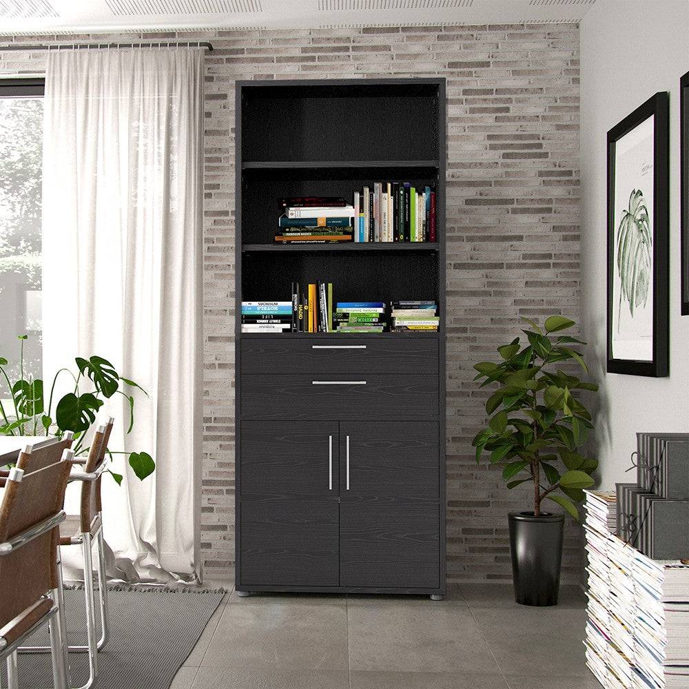 Prima Bookcase 5 Shelves with 2 Drawers and 2 Doors in Black Woodgrain - Price Crash Furniture