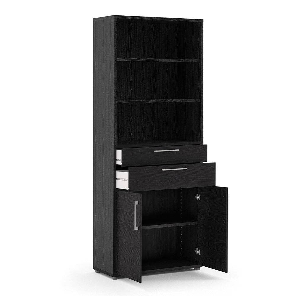 Prima Bookcase 5 Shelves with 2 Drawers and 2 Doors in Black Woodgrain - Price Crash Furniture