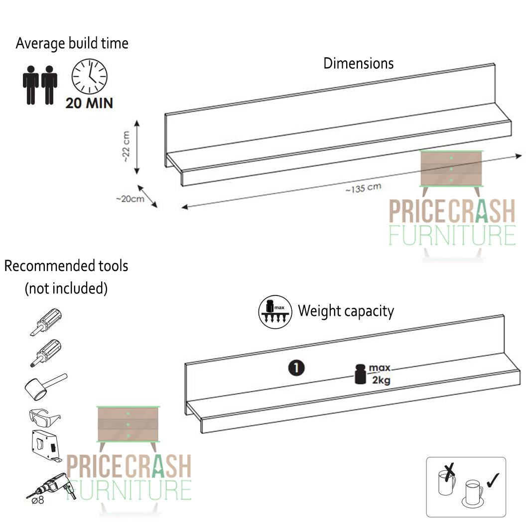 Rapallo 135 cm wide Wall Shelf in Chestnut - Price Crash Furniture