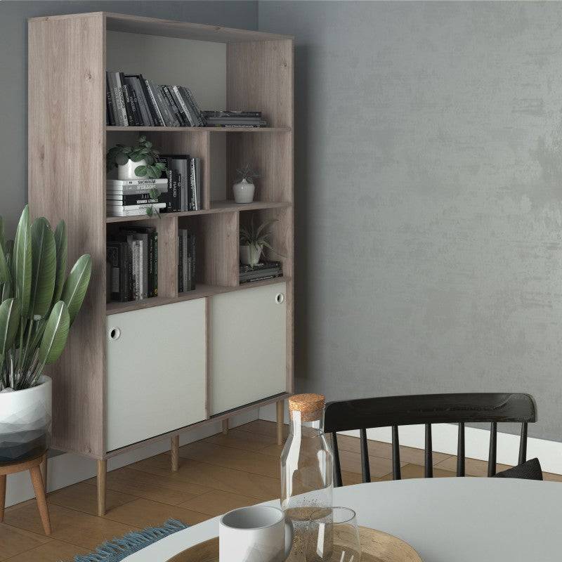 Rome Bookcase 2 sliding Doors in Jackson Hickory Oak with Matt White - Price Crash Furniture