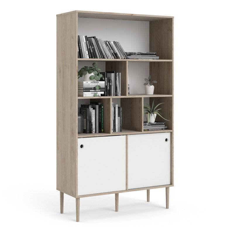 Rome Bookcase 2 sliding Doors in Jackson Hickory Oak with Matt White - Price Crash Furniture