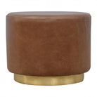 Round Brown Buffalo Leather Footstool With Gold Base - Price Crash Furniture