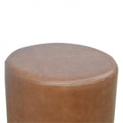 Round Brown Buffalo Leather Footstool With Gold Base - Price Crash Furniture