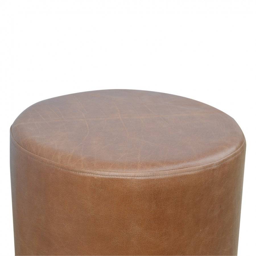 Round Brown Buffalo Leather Footstool With Gold Base - Price Crash Furniture