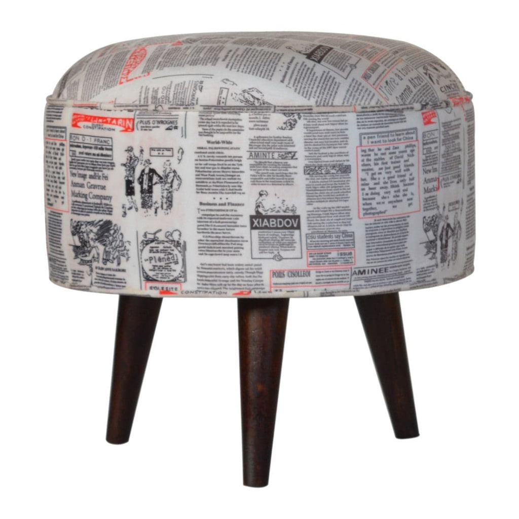 Round Footstool with News Print Velvet - Price Crash Furniture