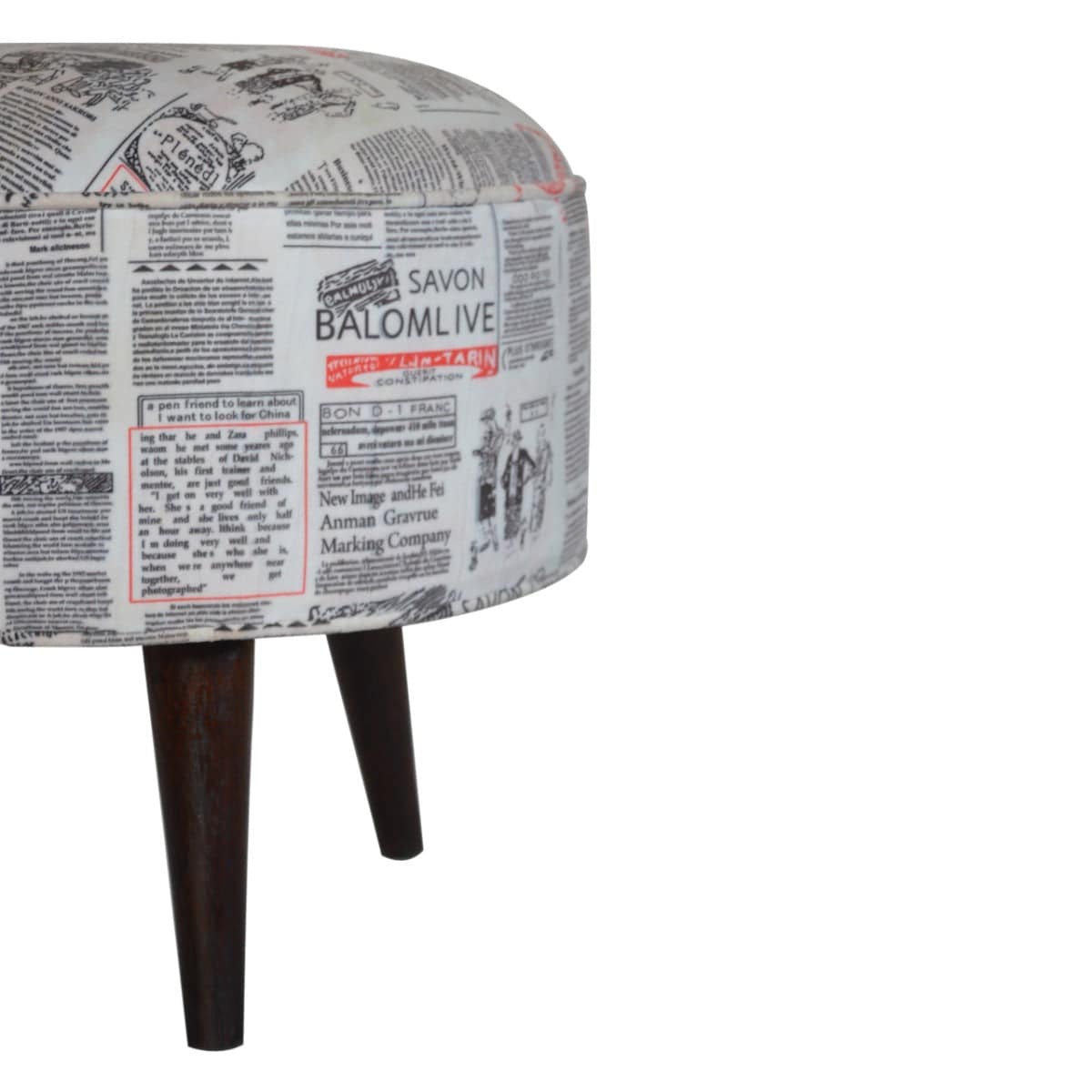 Round Footstool with News Print Velvet - Price Crash Furniture