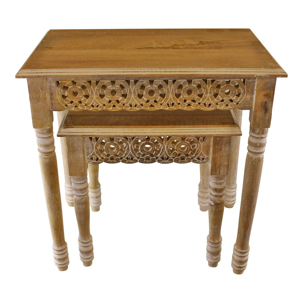 Set of 2 Carved Edge Wooden Side Tables - Price Crash Furniture