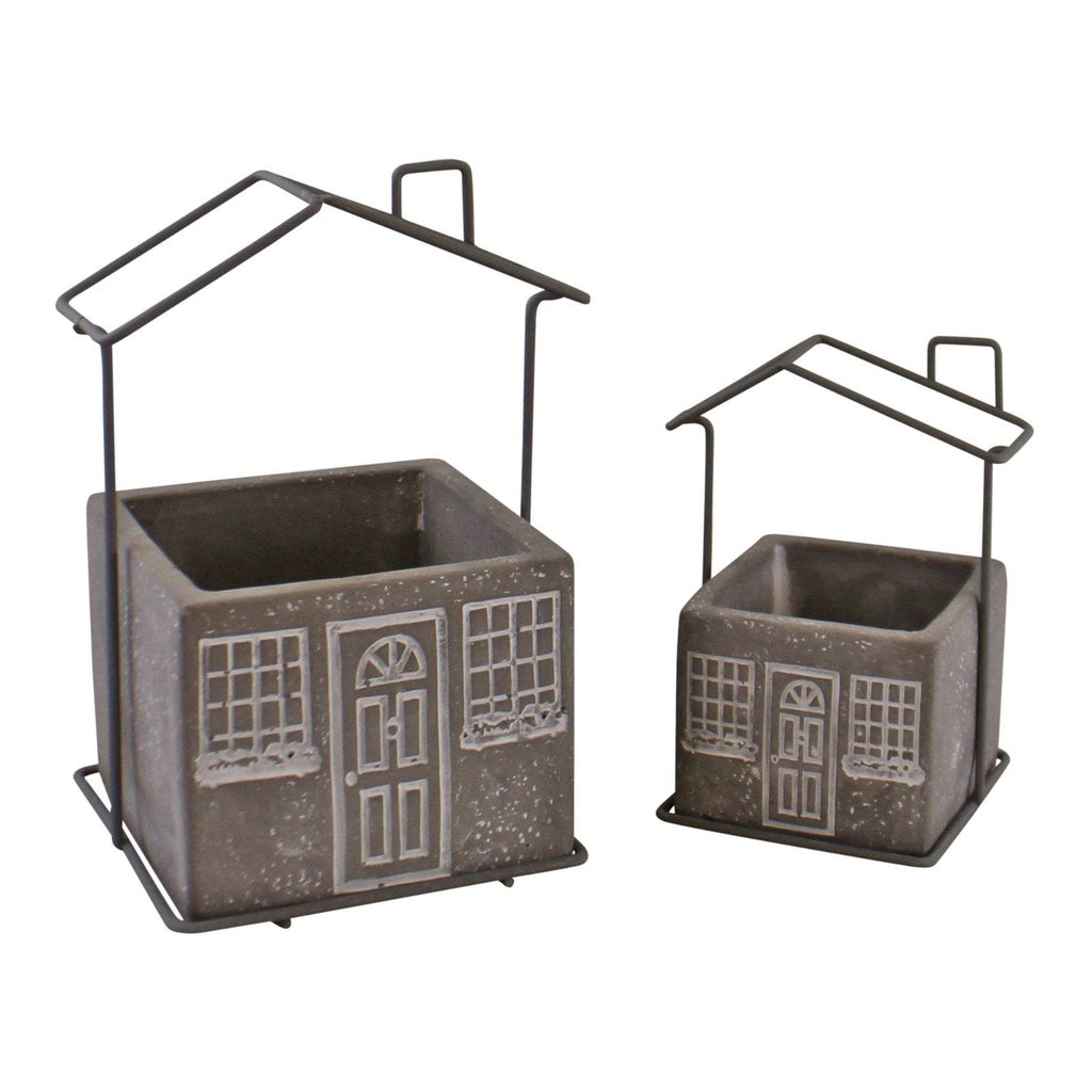 Set of 2 Cement House Planters, Square, Indoor Use - Price Crash Furniture