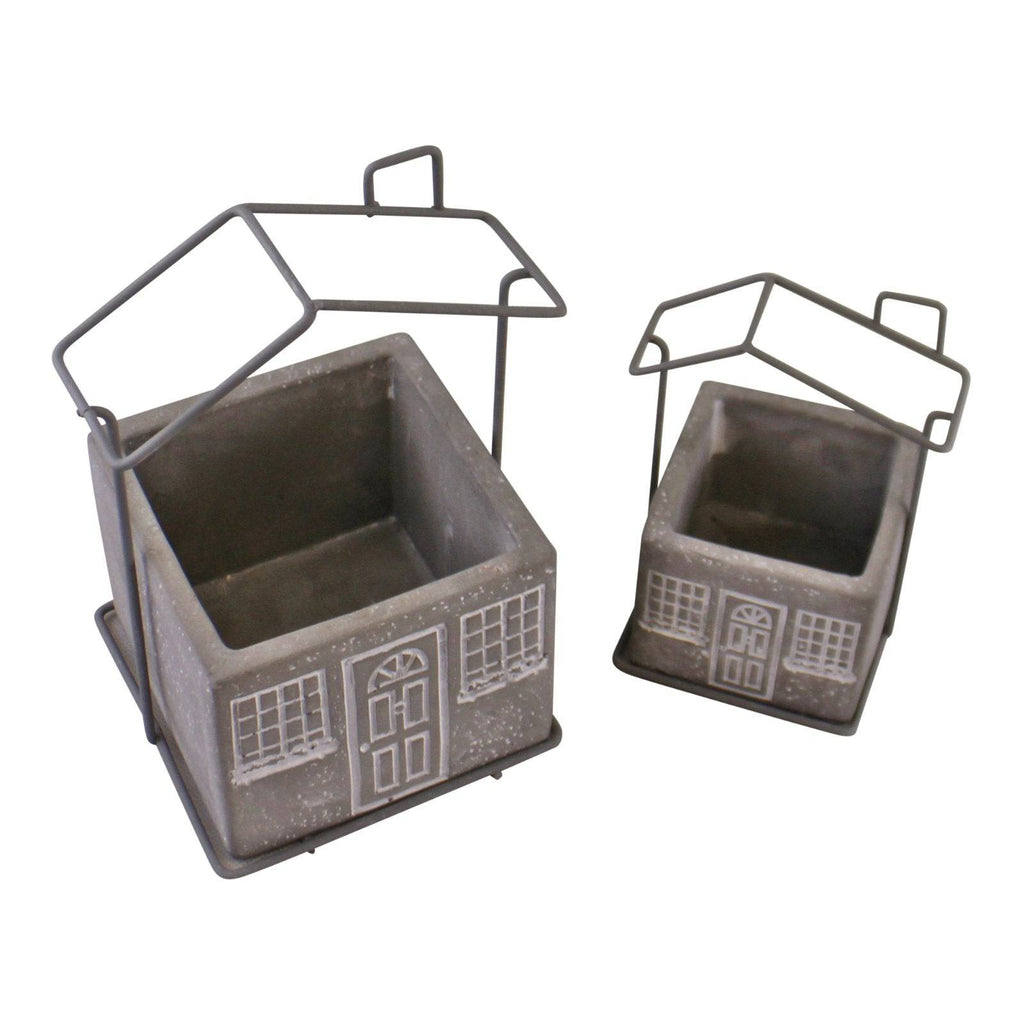 Set of 2 Cement House Planters, Square, Indoor Use - Price Crash Furniture