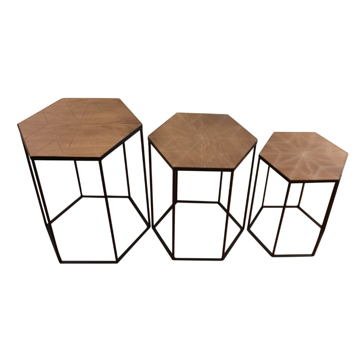 Set Of 3 Black Metal And Wood Hexagonal Side Tables - Price Crash Furniture