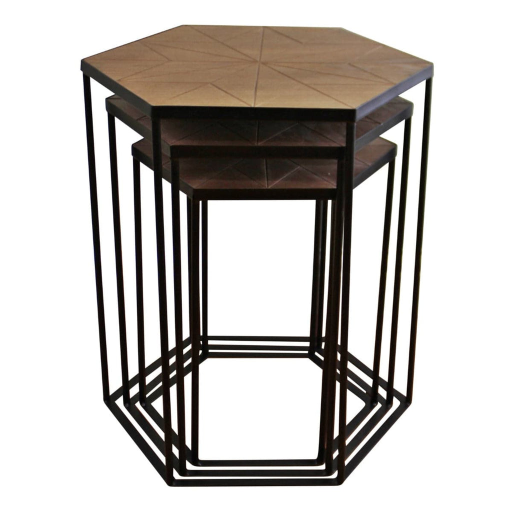 Set Of 3 Black Metal And Wood Hexagonal Side Tables - Price Crash Furniture