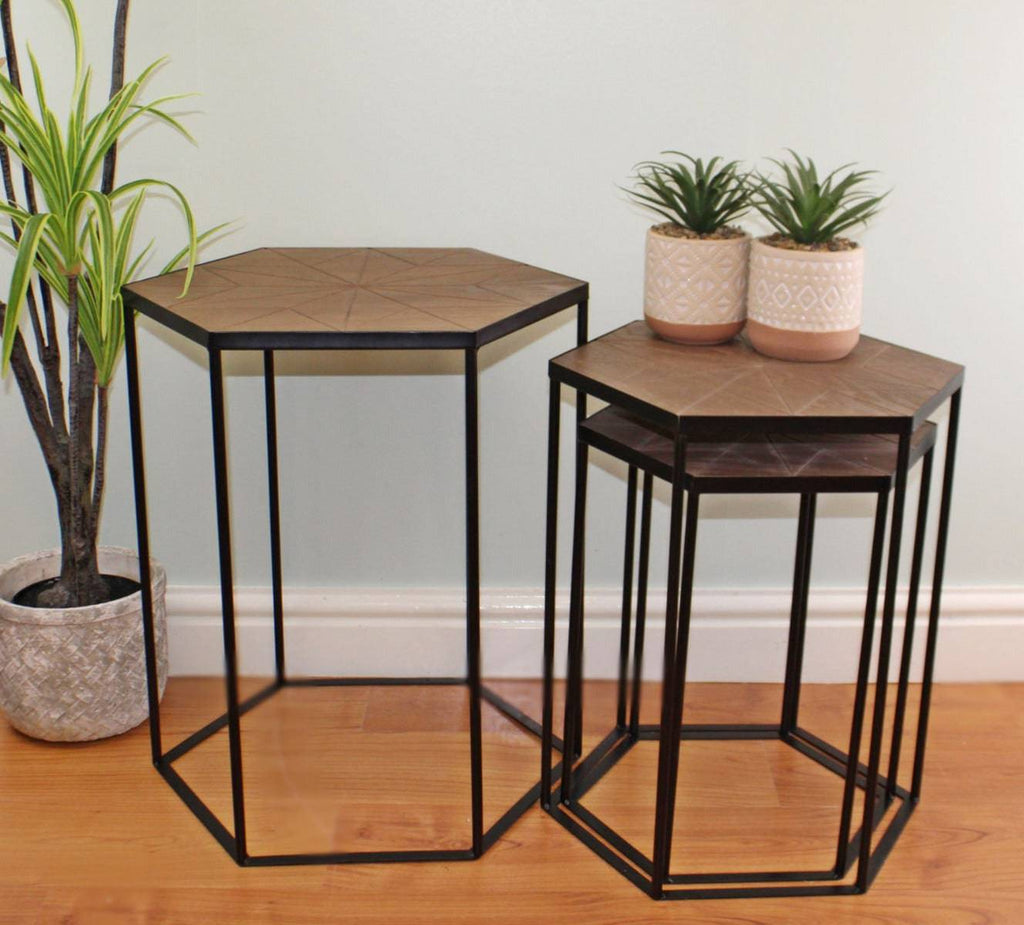 Set Of 3 Black Metal And Wood Hexagonal Side Tables - Price Crash Furniture