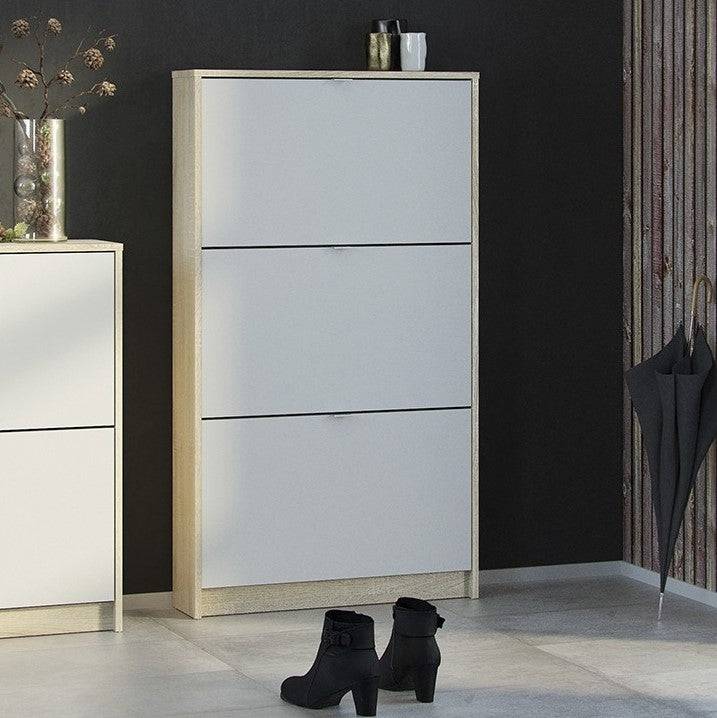 Shoe Cabinet: 3 compartments with 1 layer in Oak & White - Price Crash Furniture