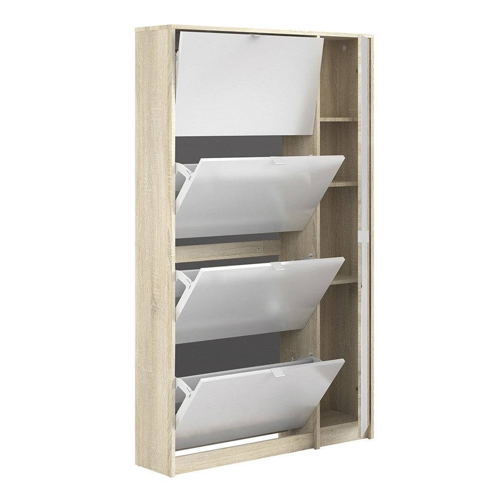 Shoe Cabinet: 3 compartments with 2 layers & 1 door in Oak & Gloss White - Price Crash Furniture