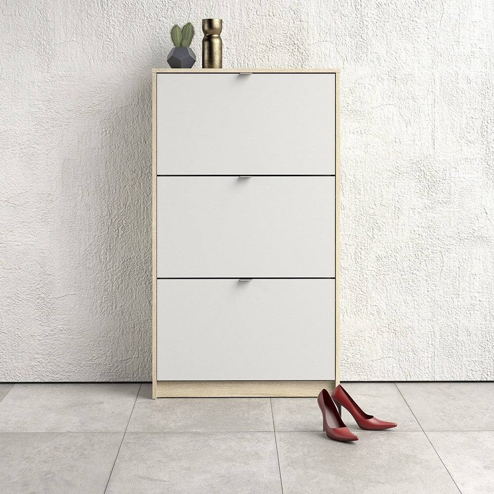 Shoe Cabinet: 3 compartments with 2 layers in White - Price Crash Furniture