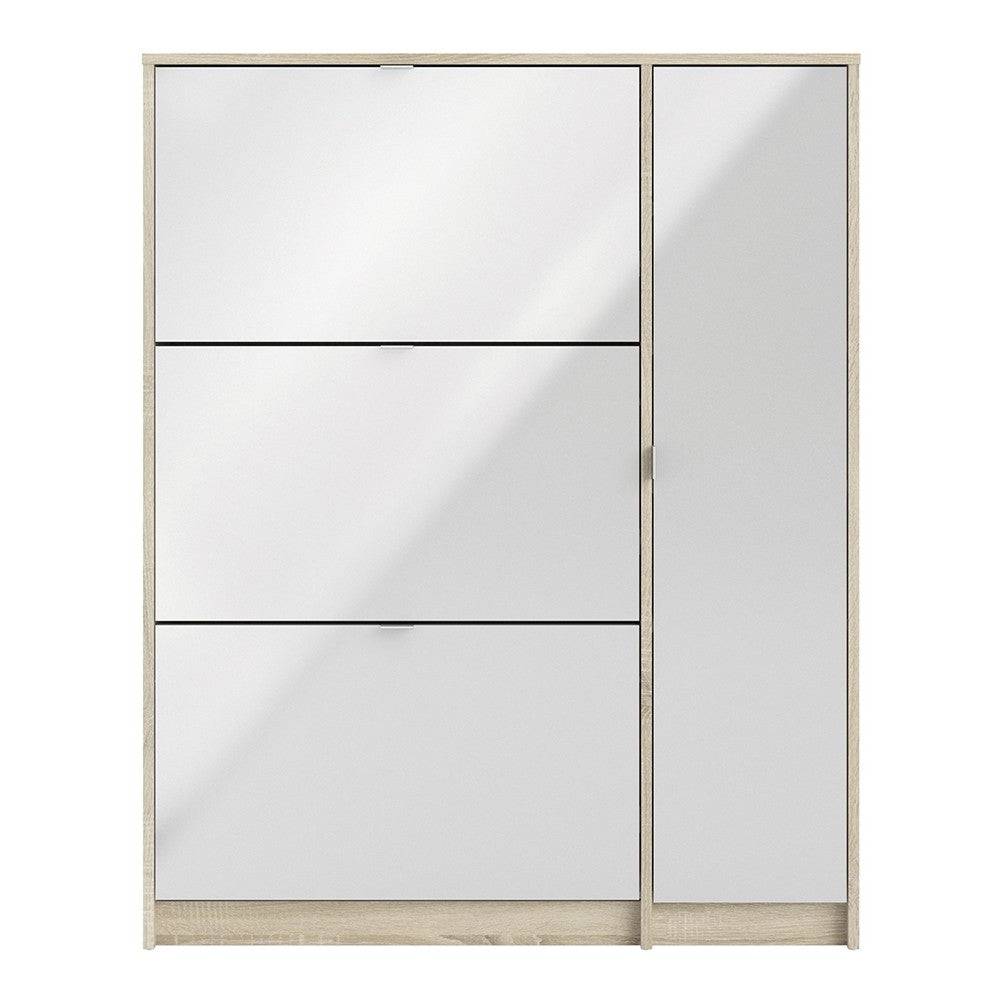 Shoe Cabinet: 4 compartments with 2 layers & 1 mirror door in Oak & Gloss White - Price Crash Furniture