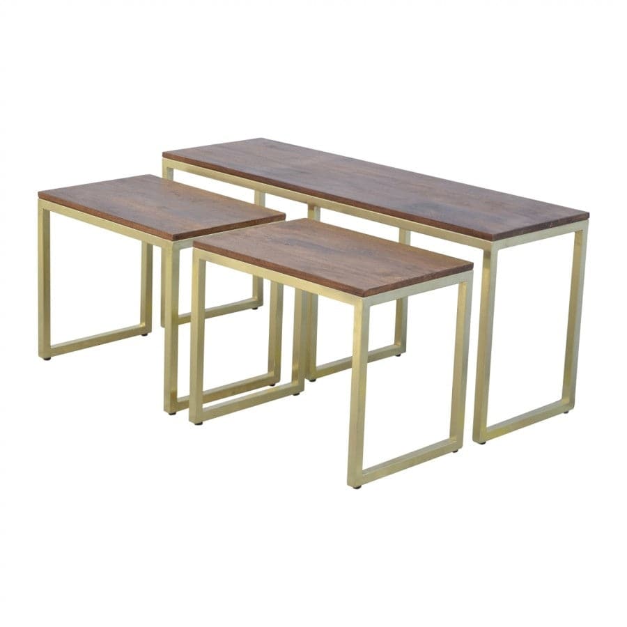 Solid Wood & Iron Gold Base Table Set Of 3 - Price Crash Furniture