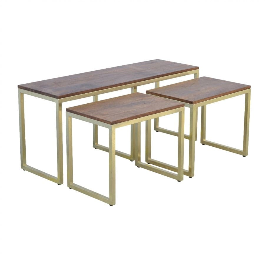 Solid Wood & Iron Gold Base Table Set Of 3 - Price Crash Furniture