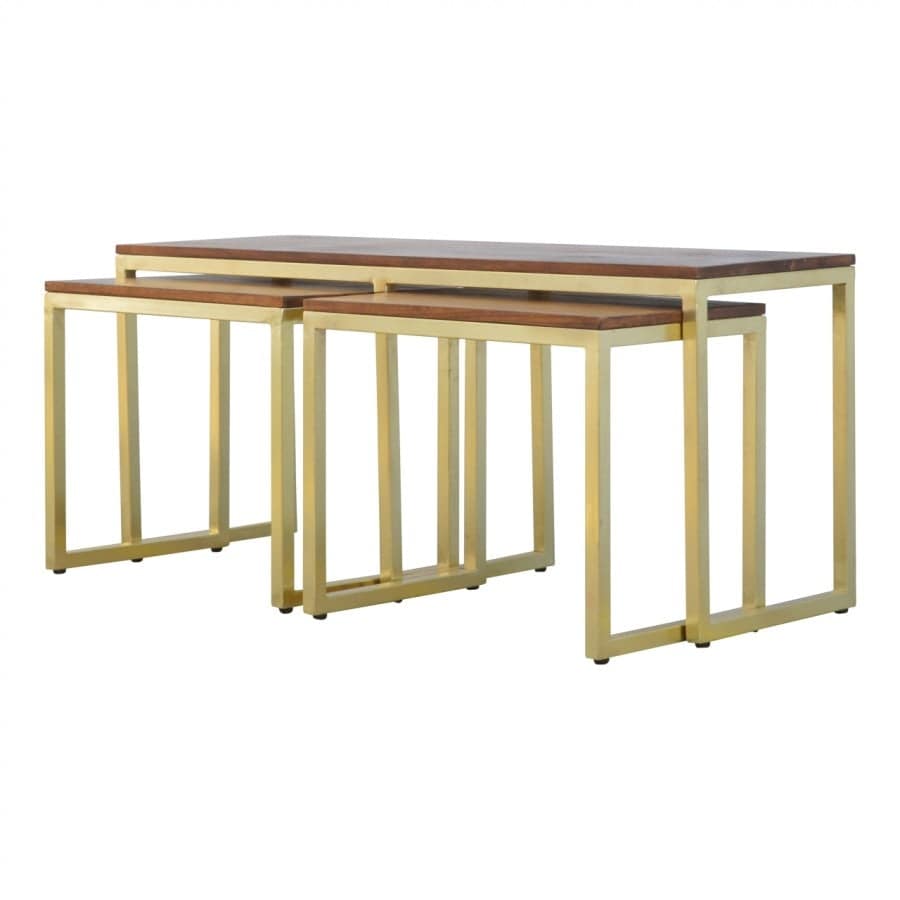 Solid Wood & Iron Gold Base Table Set Of 3 - Price Crash Furniture