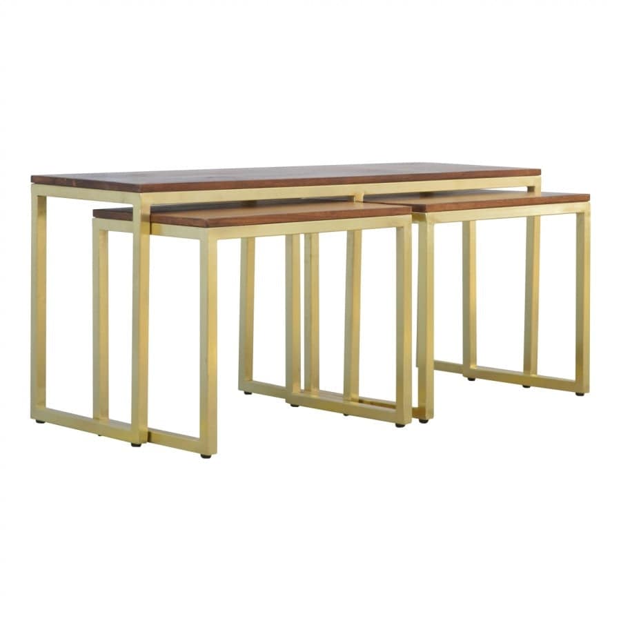 Solid Wood & Iron Gold Base Table Set Of 3 - Price Crash Furniture