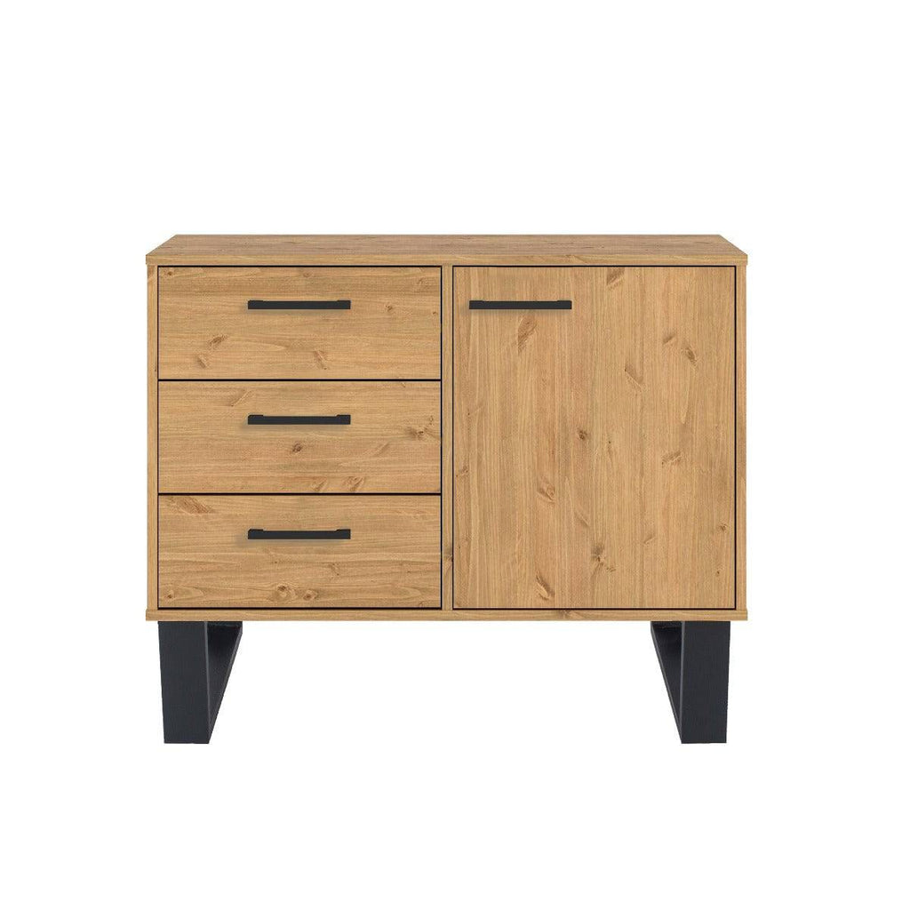Texas - waxed pine industrial style small sideboard with 1 door, 3 drawers - Price Crash Furniture