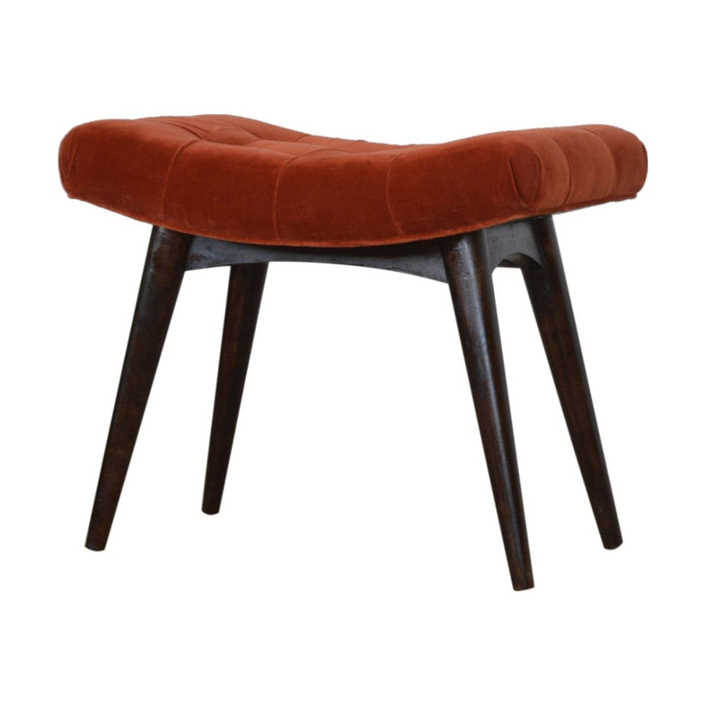 Velvet Curved Bench Seat in Brick Red Rust & Walnut-effect Mango Wood - Price Crash Furniture