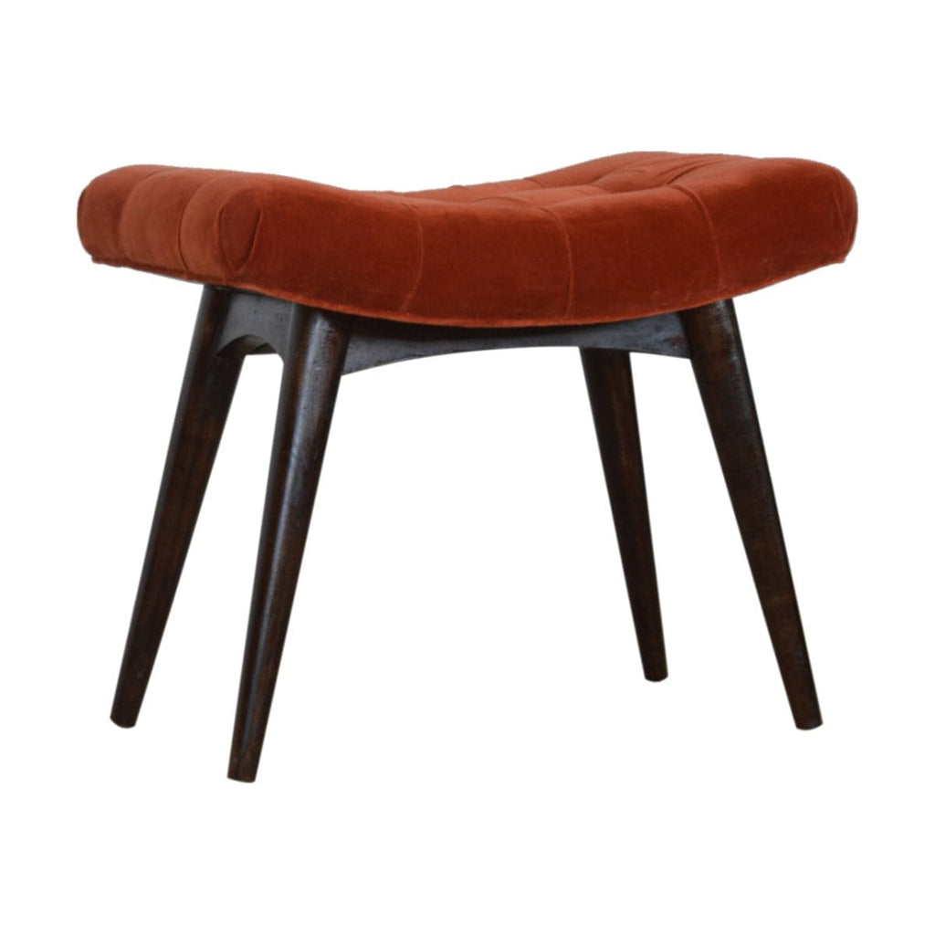 Velvet Curved Bench Seat in Brick Red Rust & Walnut-effect Mango Wood - Price Crash Furniture