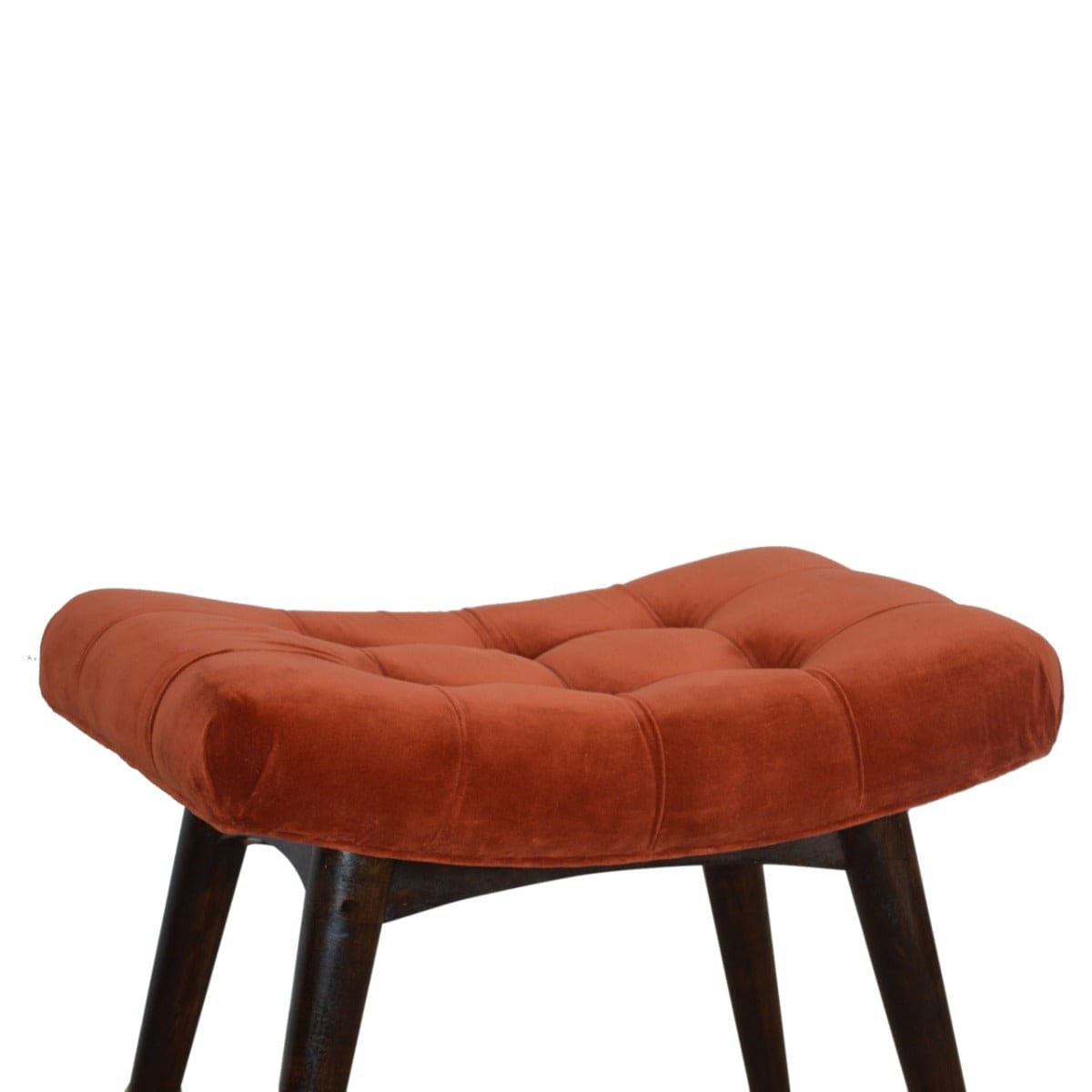 Velvet Curved Bench Seat in Brick Red Rust & Walnut-effect Mango Wood - Price Crash Furniture