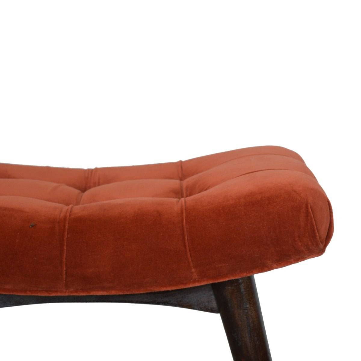 Velvet Curved Bench Seat in Brick Red Rust & Walnut-effect Mango Wood - Price Crash Furniture