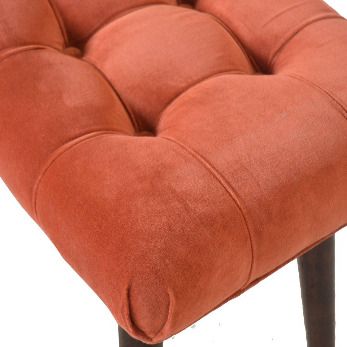 Velvet Curved Bench Seat in Brick Red Rust & Walnut-effect Mango Wood - Price Crash Furniture