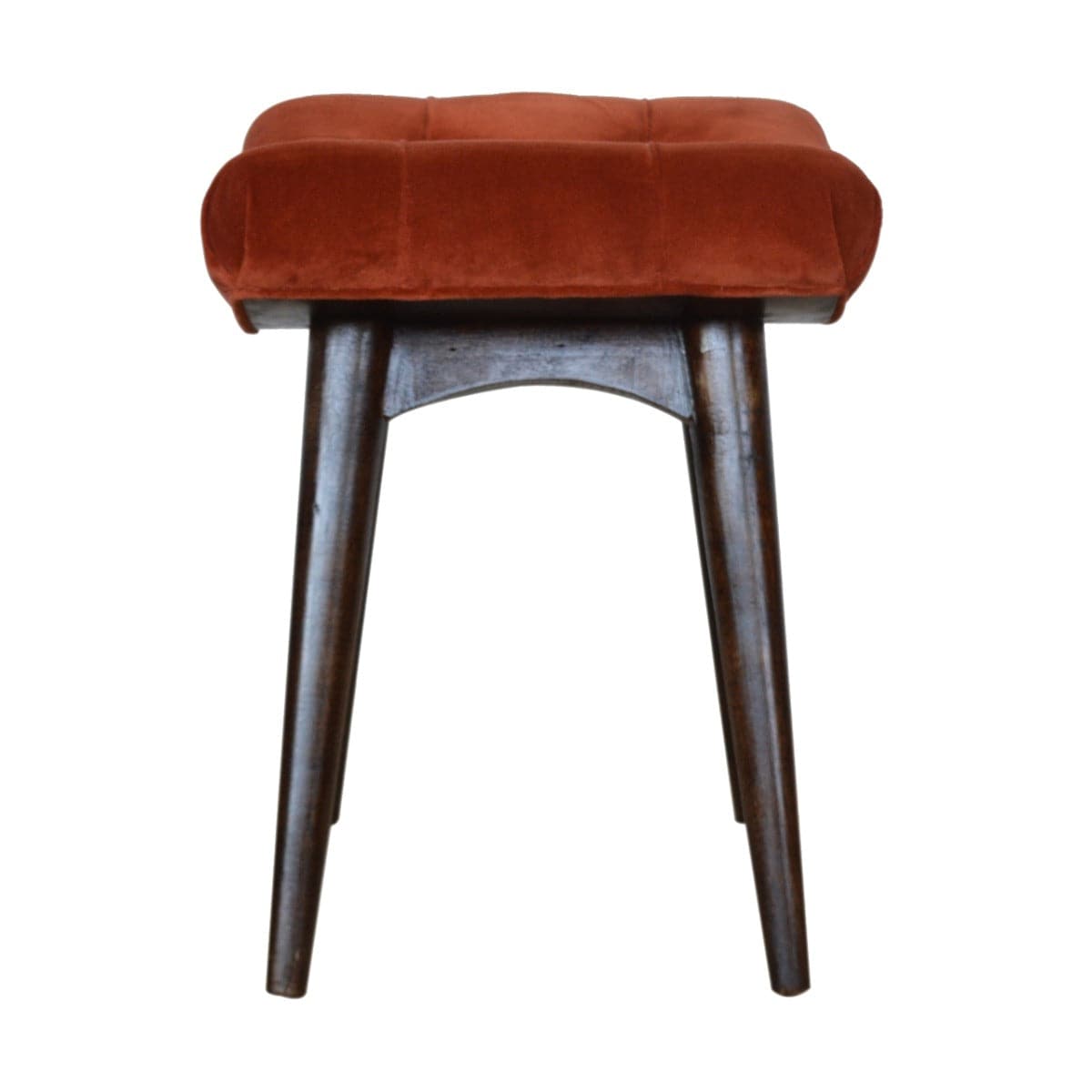 Velvet Curved Bench Seat in Brick Red Rust & Walnut-effect Mango Wood - Price Crash Furniture