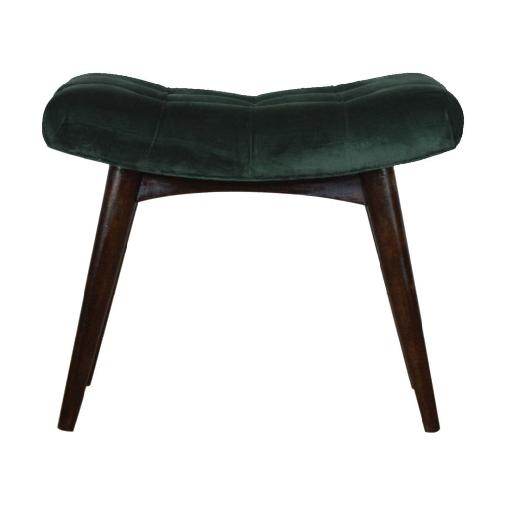 Velvet Curved Bench Seat in Emerald Green & Walnut-effect Mango Wood - Price Crash Furniture
