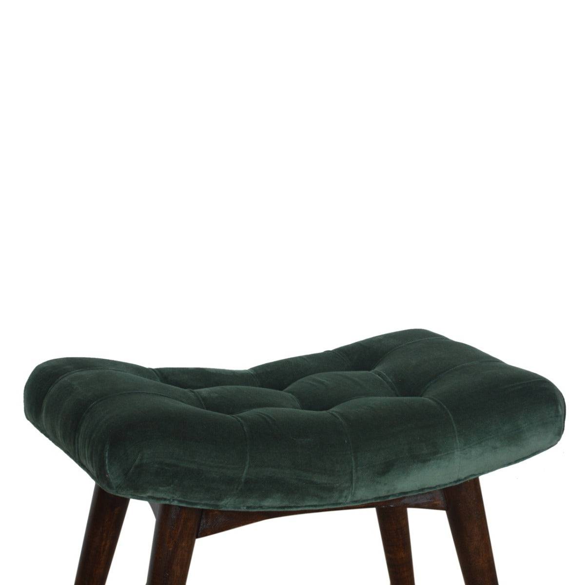 Velvet Curved Bench Seat in Emerald Green & Walnut-effect Mango Wood - Price Crash Furniture