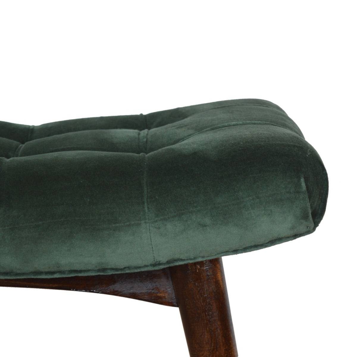 Velvet Curved Bench Seat in Emerald Green & Walnut-effect Mango Wood - Price Crash Furniture