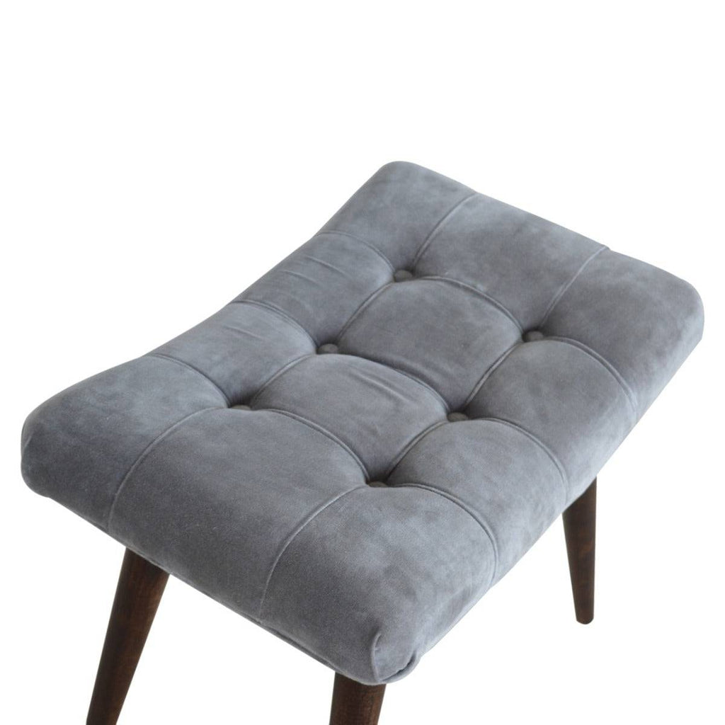 Velvet Curved Bench Seat in Grey & Walnut-effect Mango Wood - Price Crash Furniture