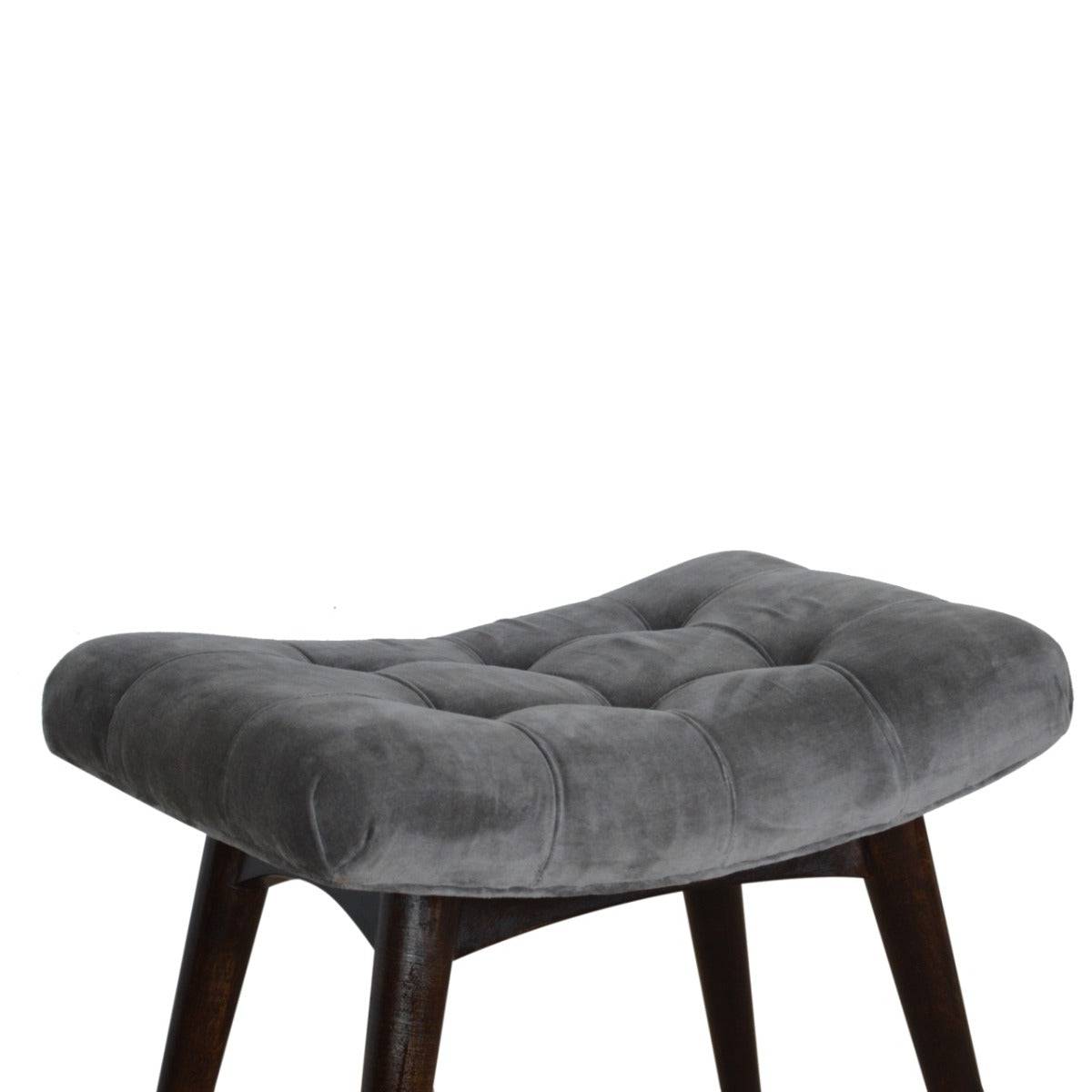 Velvet Curved Bench Seat in Grey & Walnut-effect Mango Wood - Price Crash Furniture