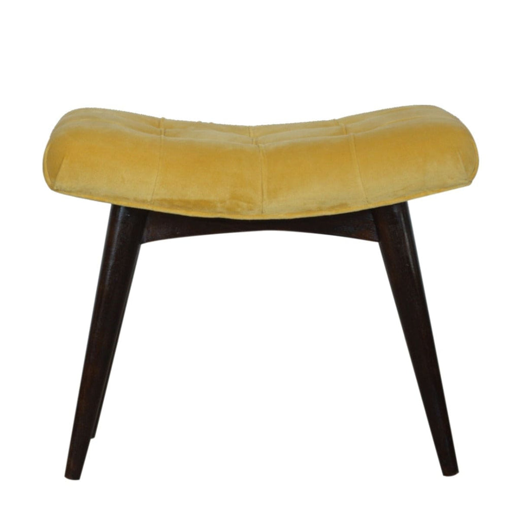 Velvet Curved Bench Seat in Mustard Yellow & Walnut-effect Mango Wood - Price Crash Furniture