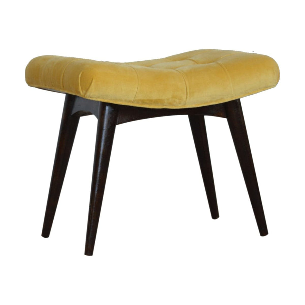 Velvet Curved Bench Seat in Mustard Yellow & Walnut-effect Mango Wood - Price Crash Furniture