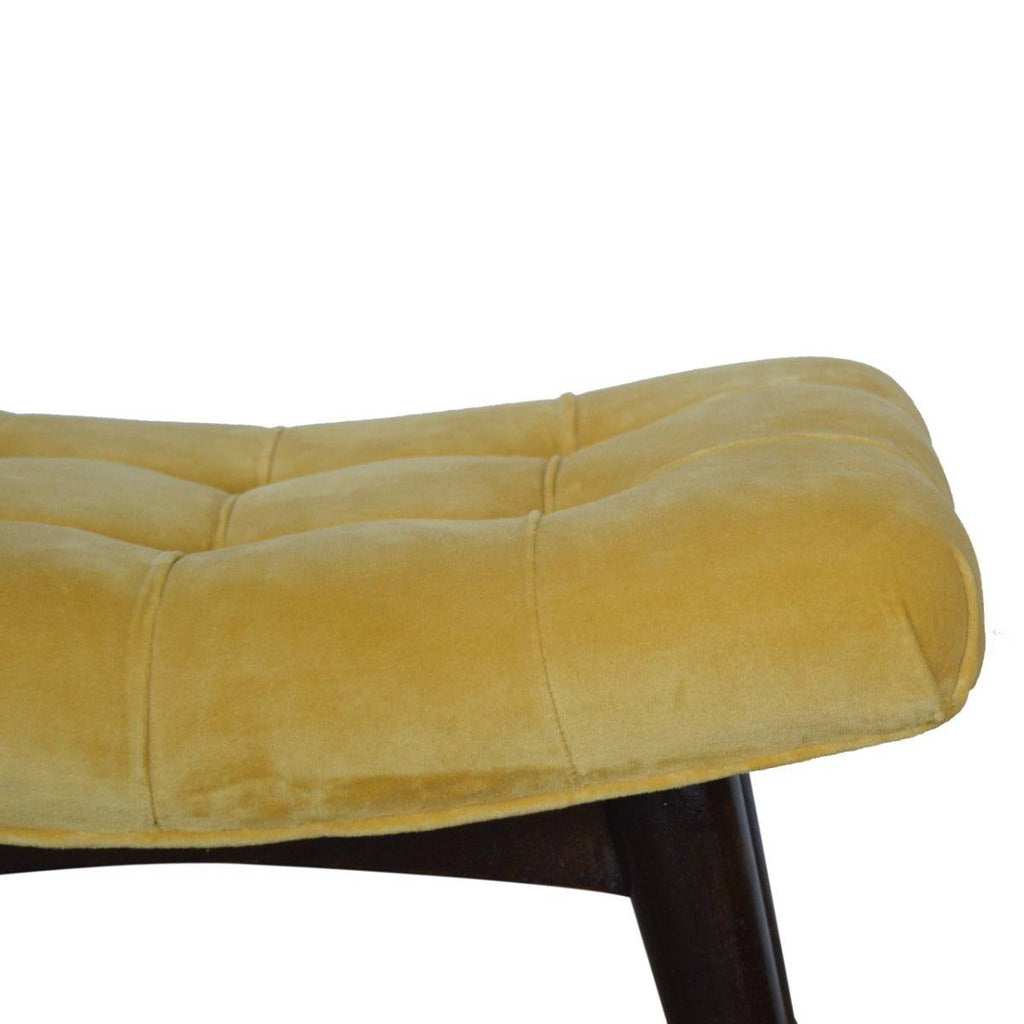 Velvet Curved Bench Seat in Mustard Yellow & Walnut-effect Mango Wood - Price Crash Furniture