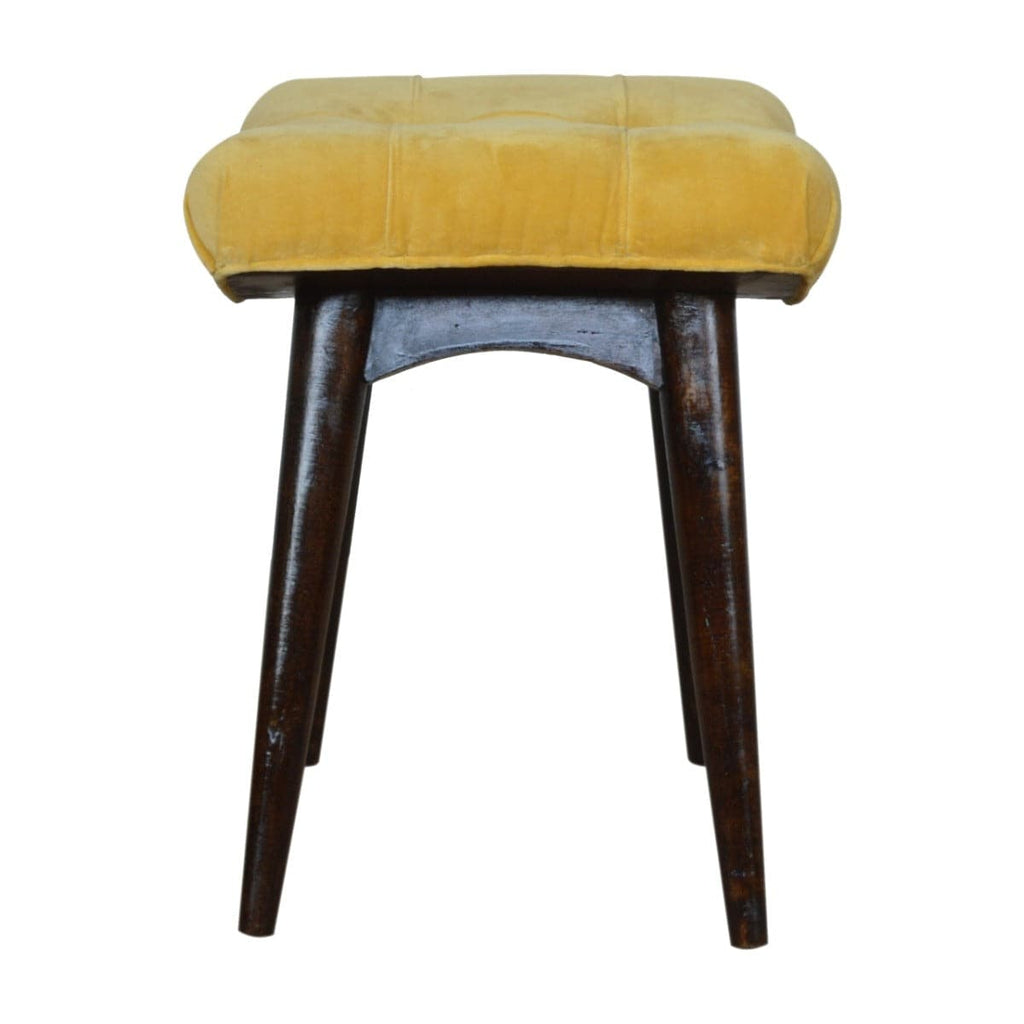 Velvet Curved Bench Seat in Mustard Yellow & Walnut-effect Mango Wood - Price Crash Furniture