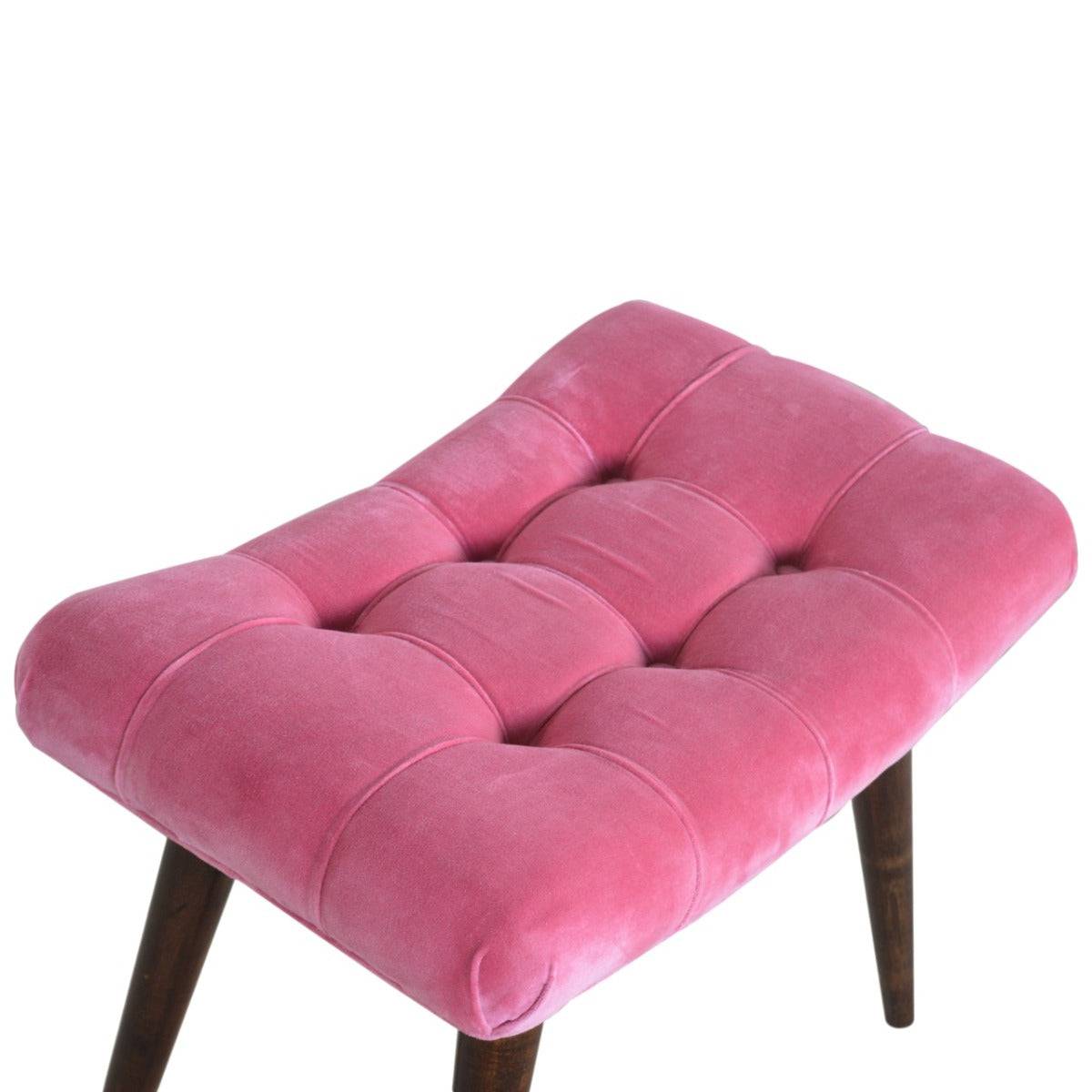 Velvet Curved Bench Seat in Pink & Walnut-effect Mango Wood - Price Crash Furniture