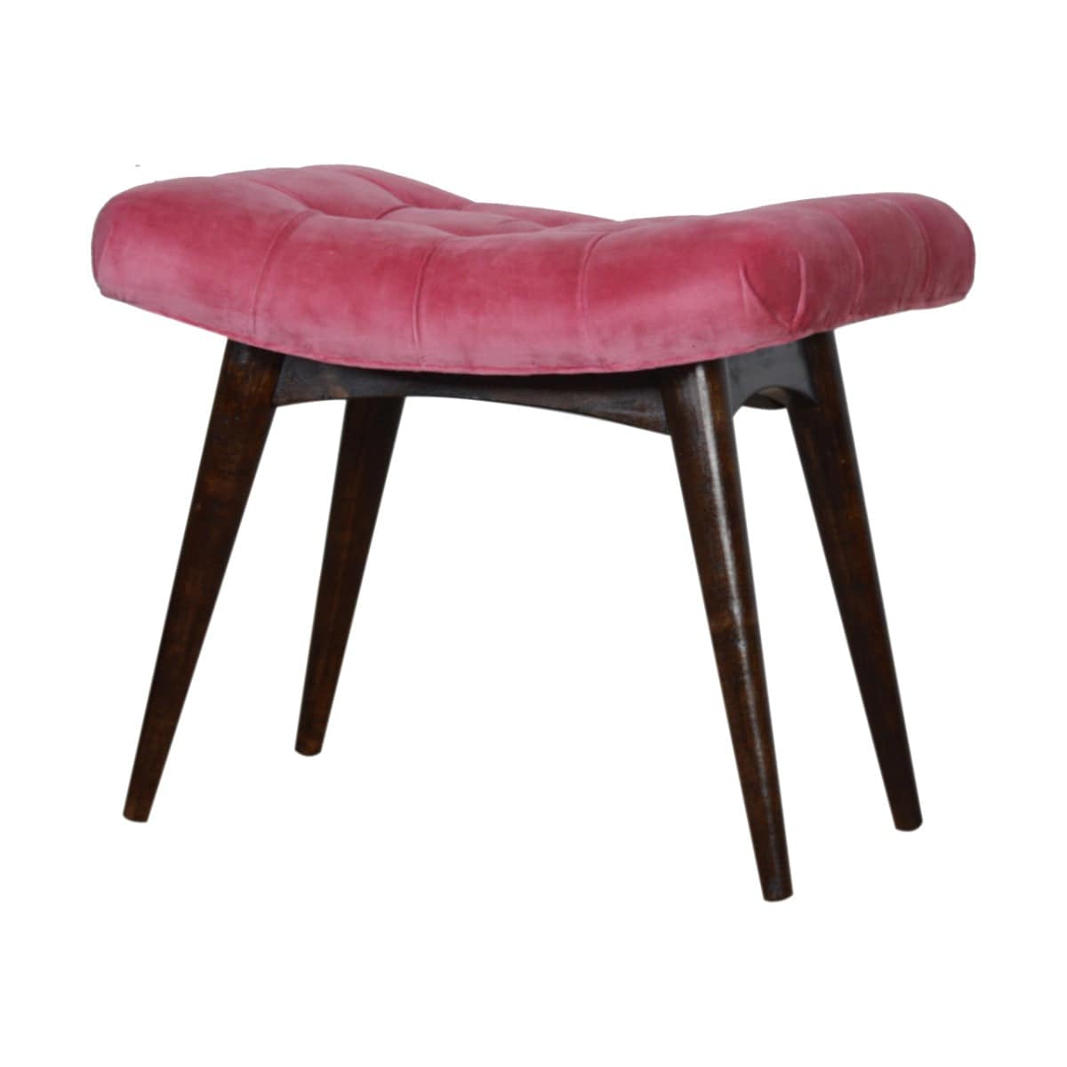 Velvet Curved Bench Seat in Pink & Walnut-effect Mango Wood - Price Crash Furniture