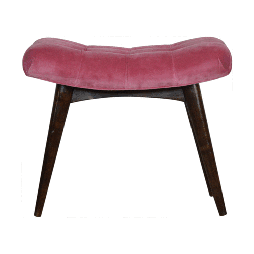 Velvet Curved Bench Seat in Pink & Walnut-effect Mango Wood - Price Crash Furniture