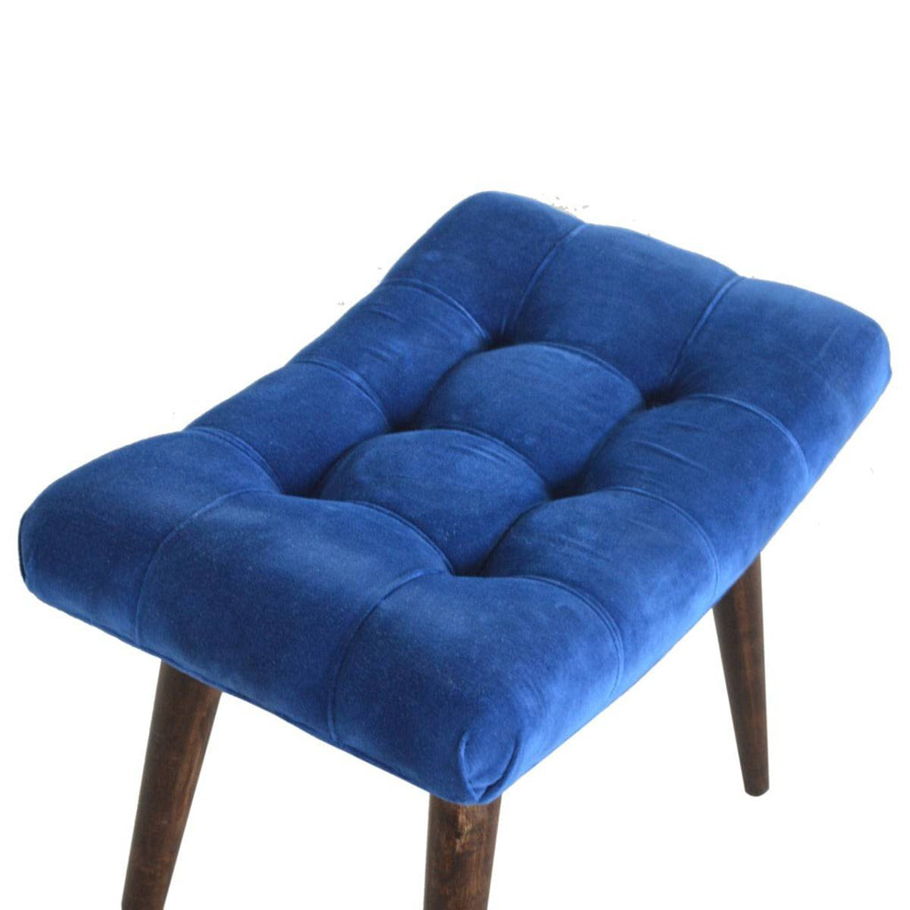 Velvet Curved Bench Seat in Royal Blue & Walnut-effect Mango Wood - Price Crash Furniture