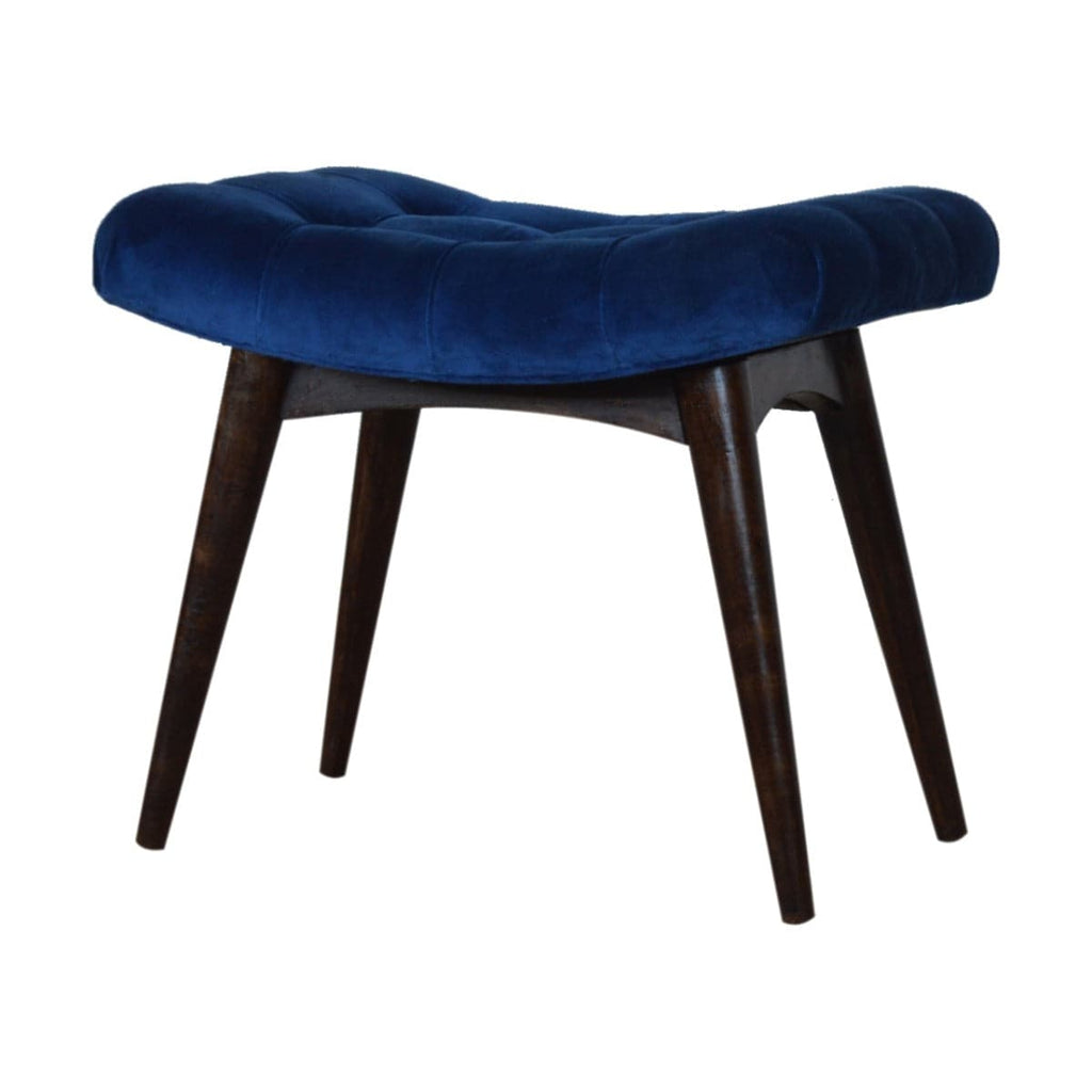 Velvet Curved Bench Seat in Royal Blue & Walnut-effect Mango Wood - Price Crash Furniture