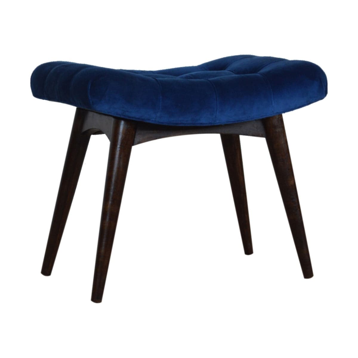 Velvet Curved Bench Seat in Royal Blue & Walnut-effect Mango Wood - Price Crash Furniture