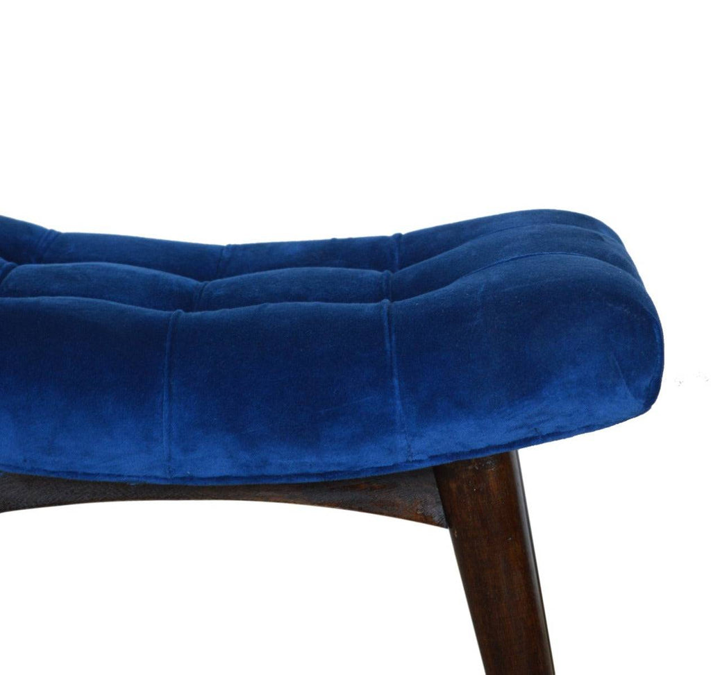 Velvet Curved Bench Seat in Royal Blue & Walnut-effect Mango Wood - Price Crash Furniture