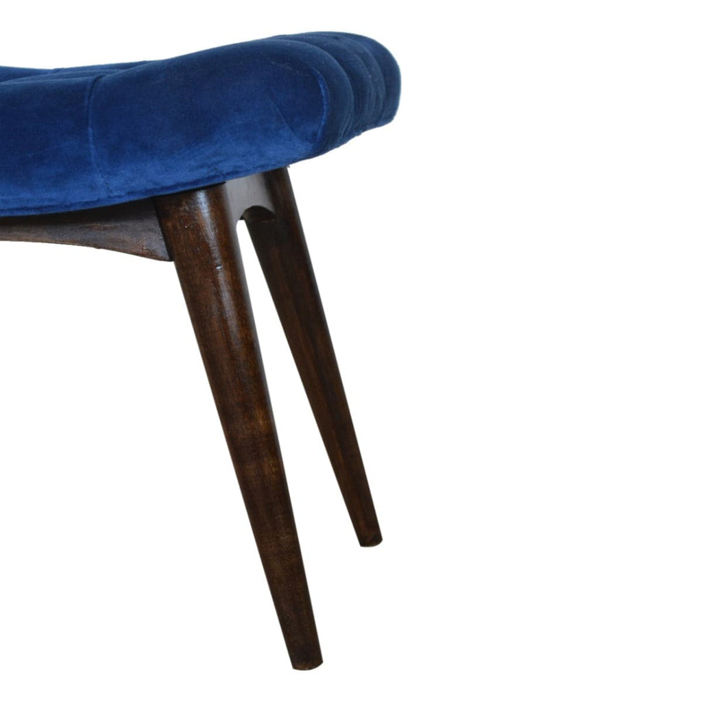 Velvet Curved Bench Seat in Royal Blue & Walnut-effect Mango Wood - Price Crash Furniture