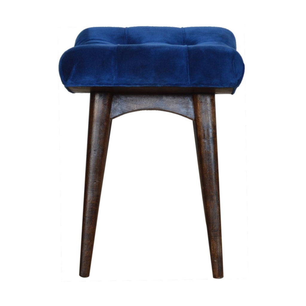 Velvet Curved Bench Seat in Royal Blue & Walnut-effect Mango Wood - Price Crash Furniture