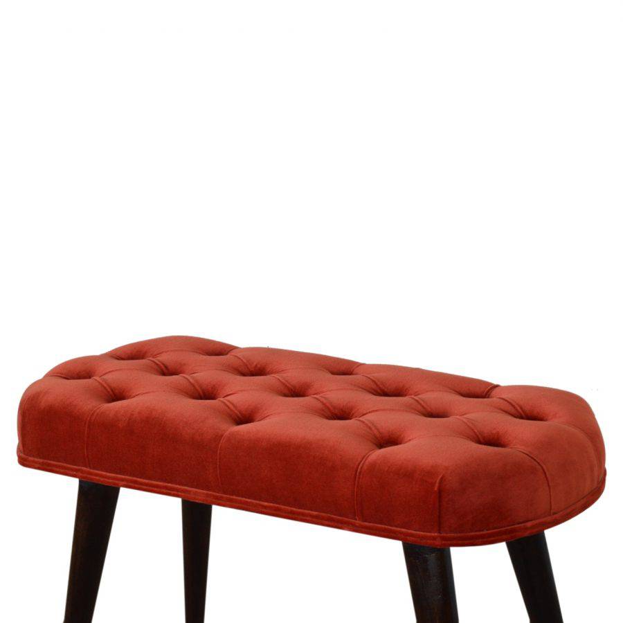 Velvet Deep Button Bench Seat in Brick Red Rust & Walnut - Price Crash Furniture